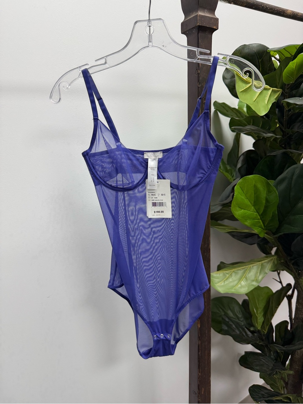 Hanro Sheer Electric Blue Mesh Bodysuit-Small